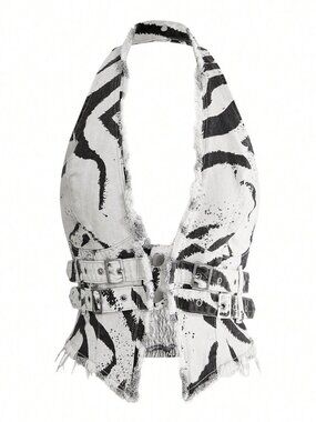 Black & White Boho Women's Halter Neck Crop Top With Belted Waist